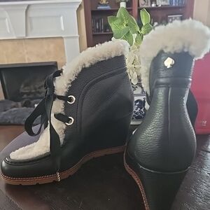 Black Shearling-Lined Wedge Ankle Boots - Kate Spade